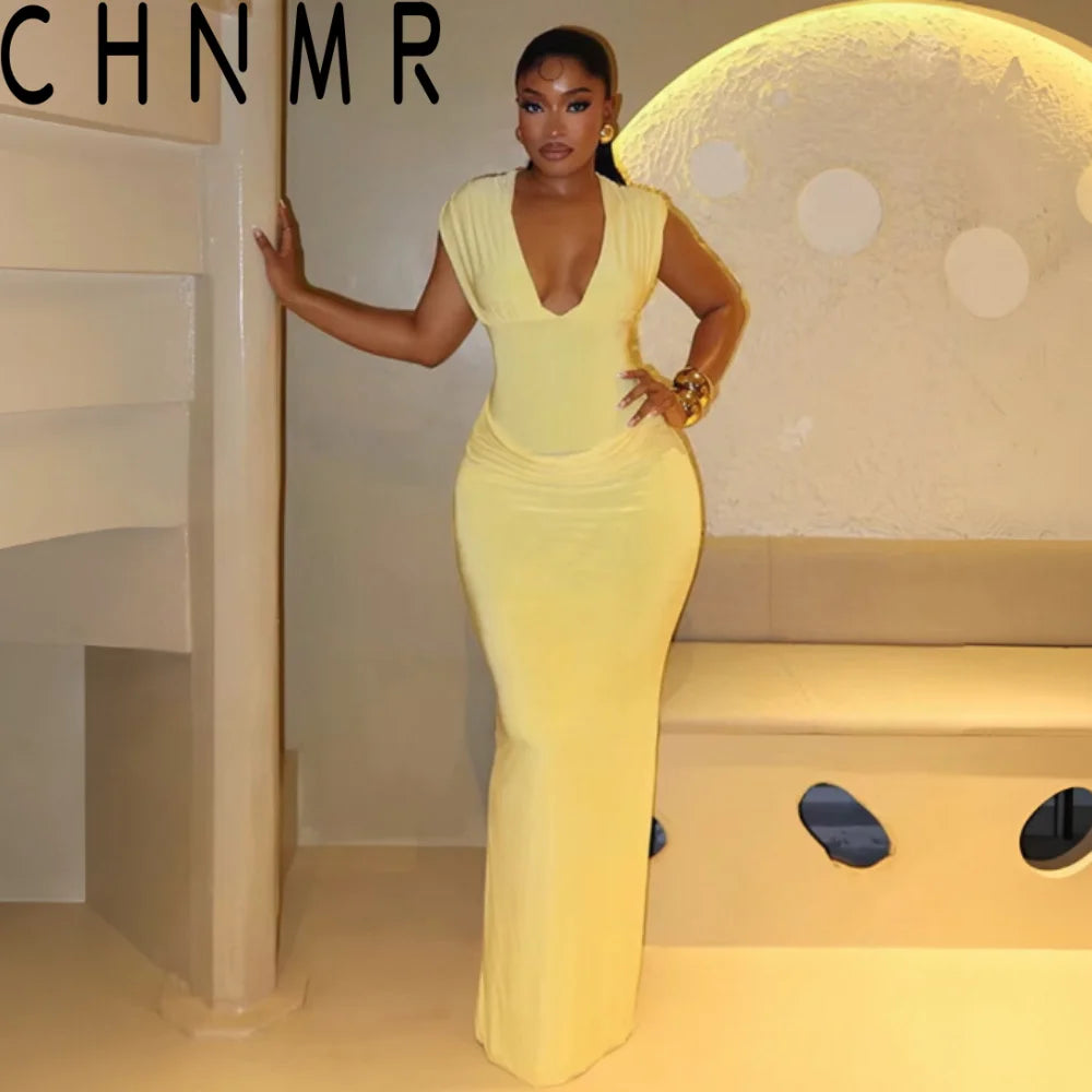 CHNMR Sexy Ruched Bodycon Maxi Dress Women Solid Sleeveless V-Neck Slim Long Dresses Female Party Evening Clubwaer Evening 2026