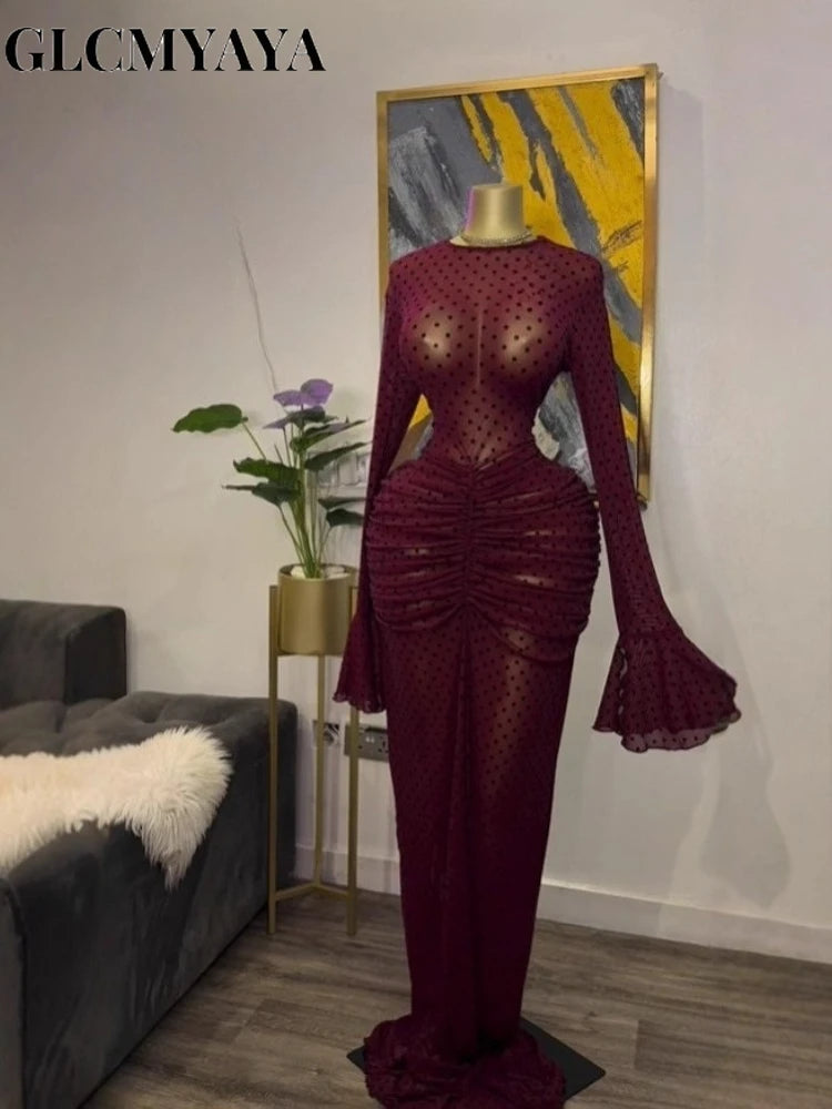 CM.YAYA Women Flare Long Sleeve Stacked Dot Mesh See Though with Lining Maxi Long Dress 2025 Evening Birthday Sexy Party Dresses