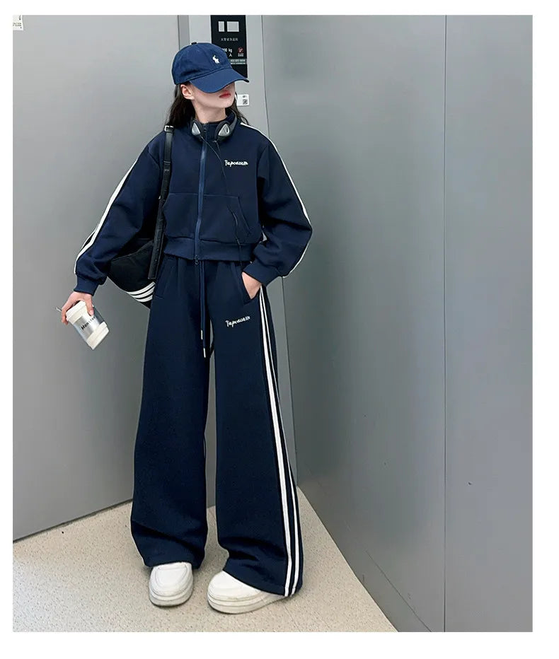 2026 autumn girls Clothes Children Suit Teenager zipped jacket Narrow crop top + wide leg high waist pants 4 5 8 10 11 12 year