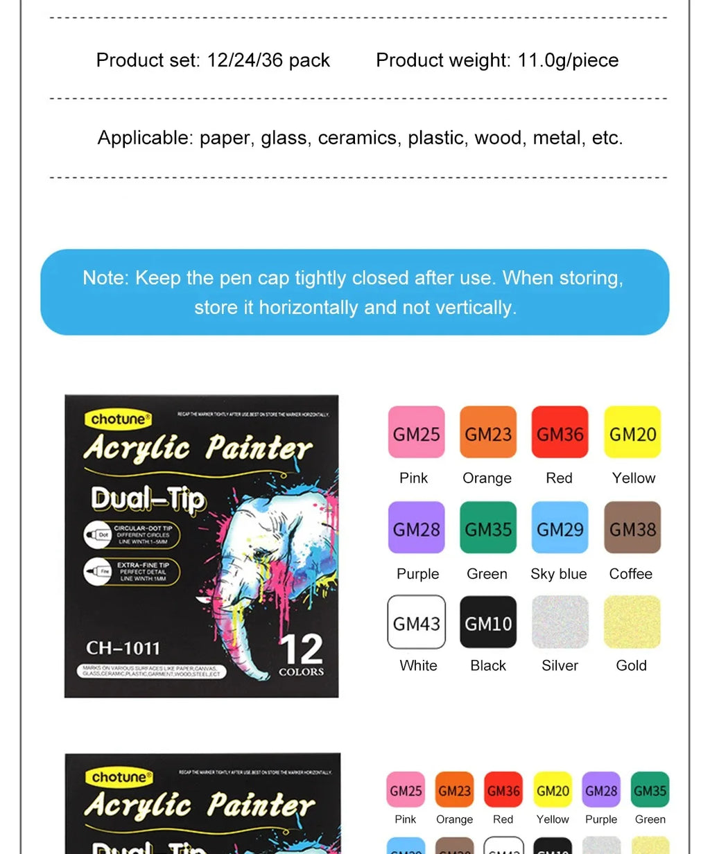 12/24/36 Color Double-ended Gouache Acrylic Marker Waterproof Pigment DIY Graffiti Marker Office and School Supplies