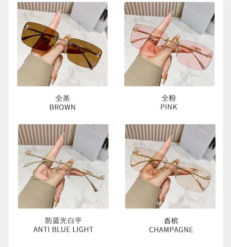 Ruiao rimless sunglasses UV400 fashion square metal glasses for women luxury brand designer diamond y2k small face sun glasses