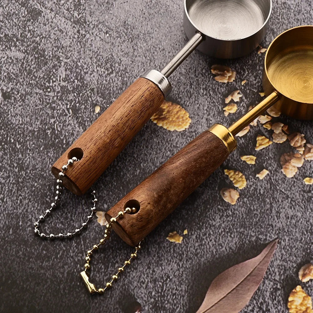 1/4/8pcs Stainless Steel Measuring Spoons With Scale Wooden Handle Household Kitchen Dining Bar Baking Tools Measuring Cups