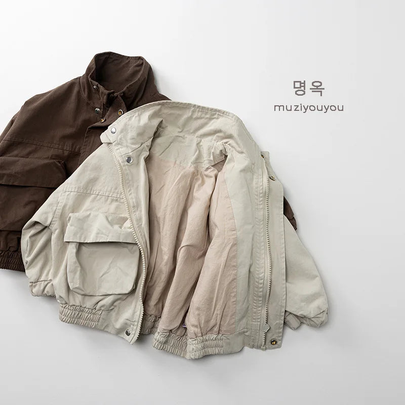 2026 Autumn New Children Casual Coat Girls Zipper Jacket Solid Baby Loose Outerwear Cotton Boys Work Coat Kids Clothes