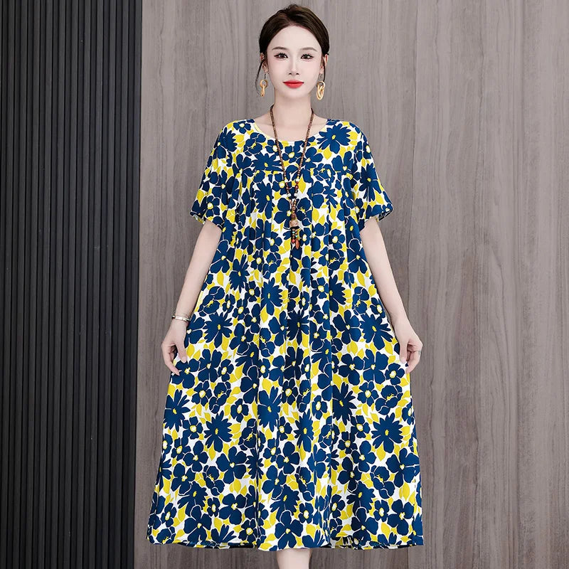 New Casual Fashion 2025 Summer Dress For Women Floral Printing Short Sleeve Elegant Vintage O-Neck Dresses Women Clothing