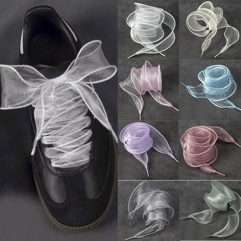 1Pair 80-140cm Fashion Organza Ribbon Sport Shoes Sneakers Bowknot Solid Flat Shoelaces Sport Casual Laces Women