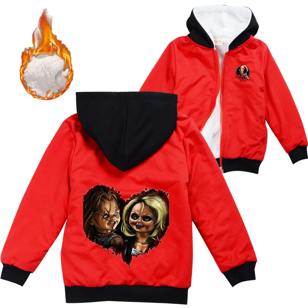 Child's Play Chucky Warm Winter Jacket For Boys Girls with Zipper Children Coat Thicken Hooded Sweater Kids Outerwear