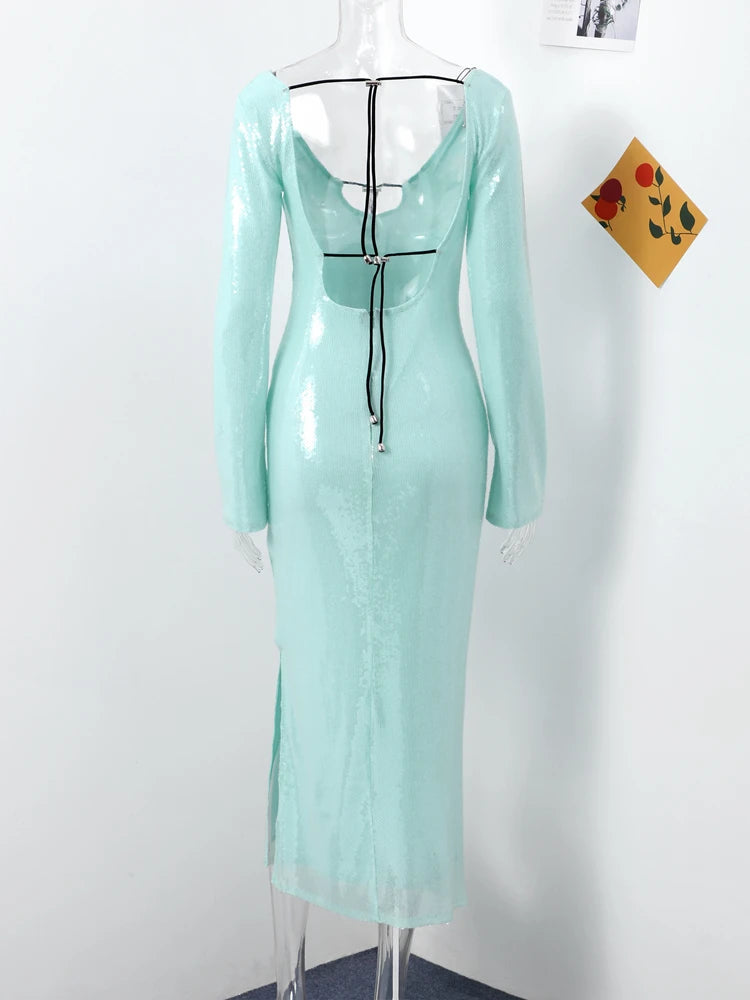 Sequin Lace Up Backless Long Dresses Deep V Flash Sparkling Sexy Long Sleeve Temperament Leakback Champagne Women Evening Dress