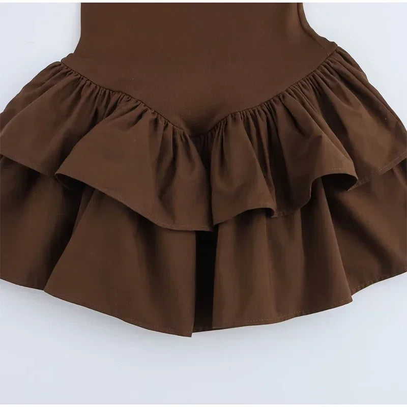 Ruffled Hem Solid Women Dresses Elegant Long Sleeve High Waist O-neck Lady Mini Dress 2025 Spring Chic Street Party Female Robes