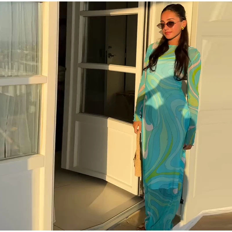 2025 New Fashion Print Beach Long Dress Summer Women Spaghetti Strap Dress Long Sleeve O-Neck Dresses Summer New Lady Robes