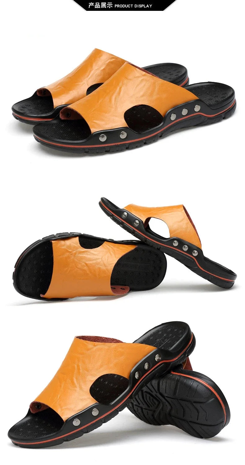 New Summer Slippers Men Sandals Soft Outdoor Slides High Quality Genuine Leather Comfortable Beach Sandals Outdoor Men Shoes