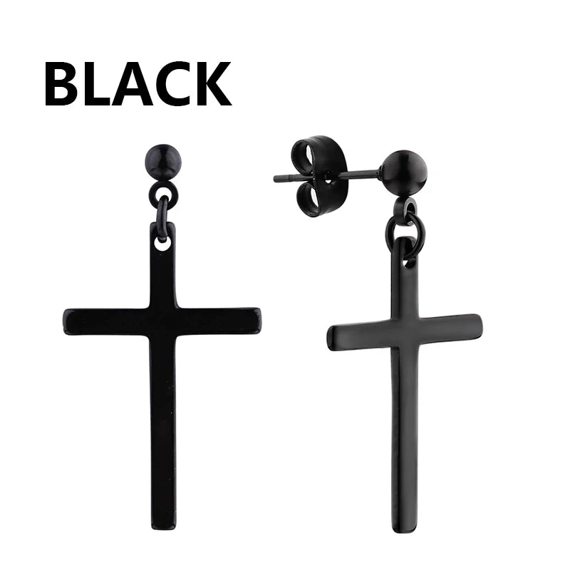Black Punk Stainless Steel Women Men Hoop Earrings Small Trendy Round Cross Pendants Jewelry Accessories Earrings