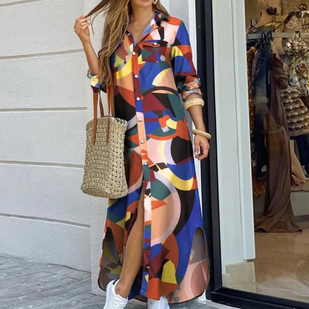 New Autumn Long Dress Long Sleeve Shirt Dress Women Denim Long Dresses Pocket Button Shirt Print Dress Casual Loose Dresses 2023