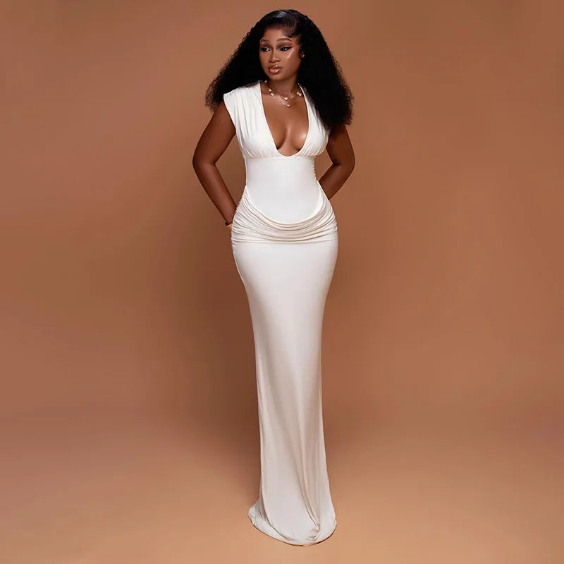 CHNMR Sexy Ruched Bodycon Maxi Dress Women Solid Sleeveless V-Neck Slim Long Dresses Female Party Evening Clubwaer Evening 2026