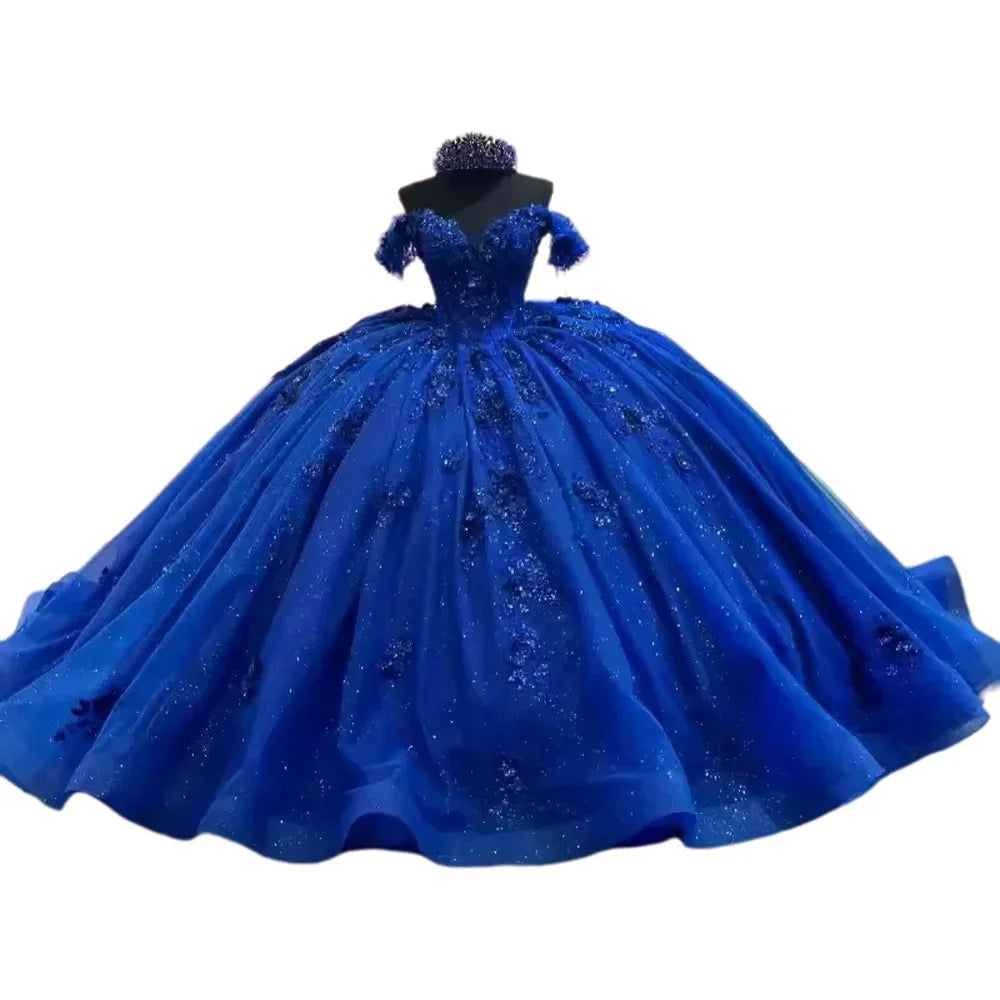 ANGELSBRIDEP Glittering Royal Blue Quinceanera Dresses Luxury Beading Lace Off-Shoulder Birthday Party Vestidos De 15 Anos