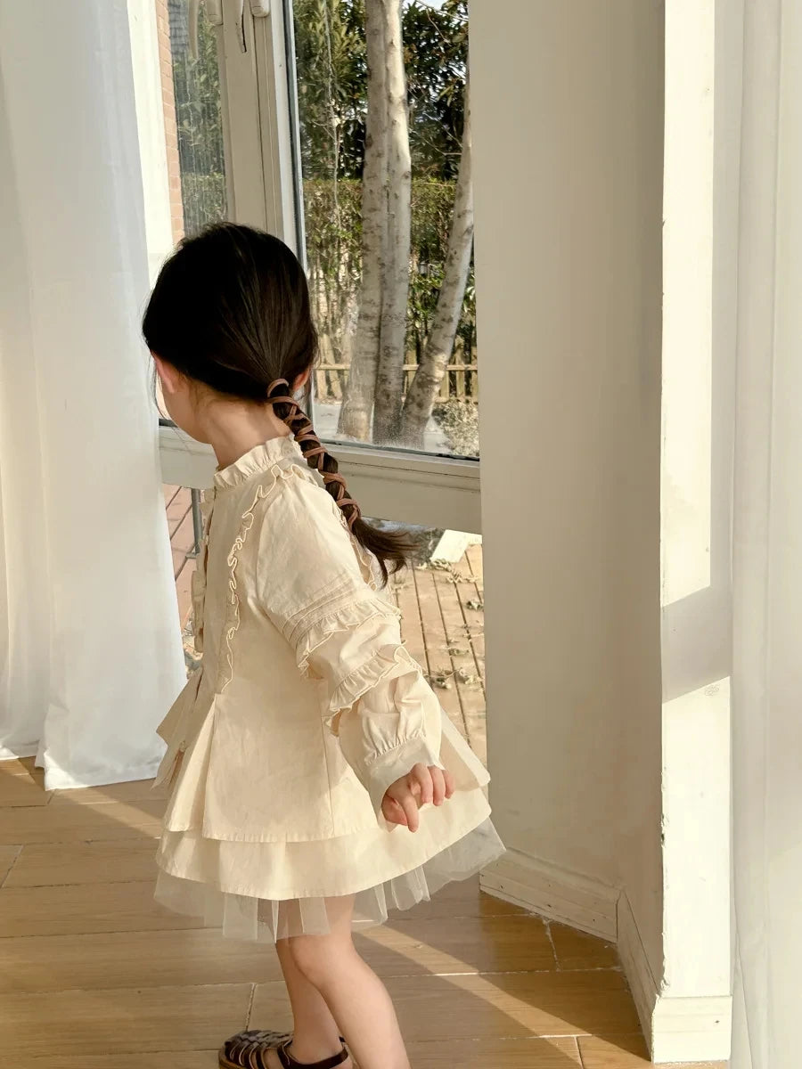 Children Clothing 2024 Spring New Retro Korean Style Shirt Set Girls Small Stand Collar Lace Shirt Culottes Sweet Two-piece Set