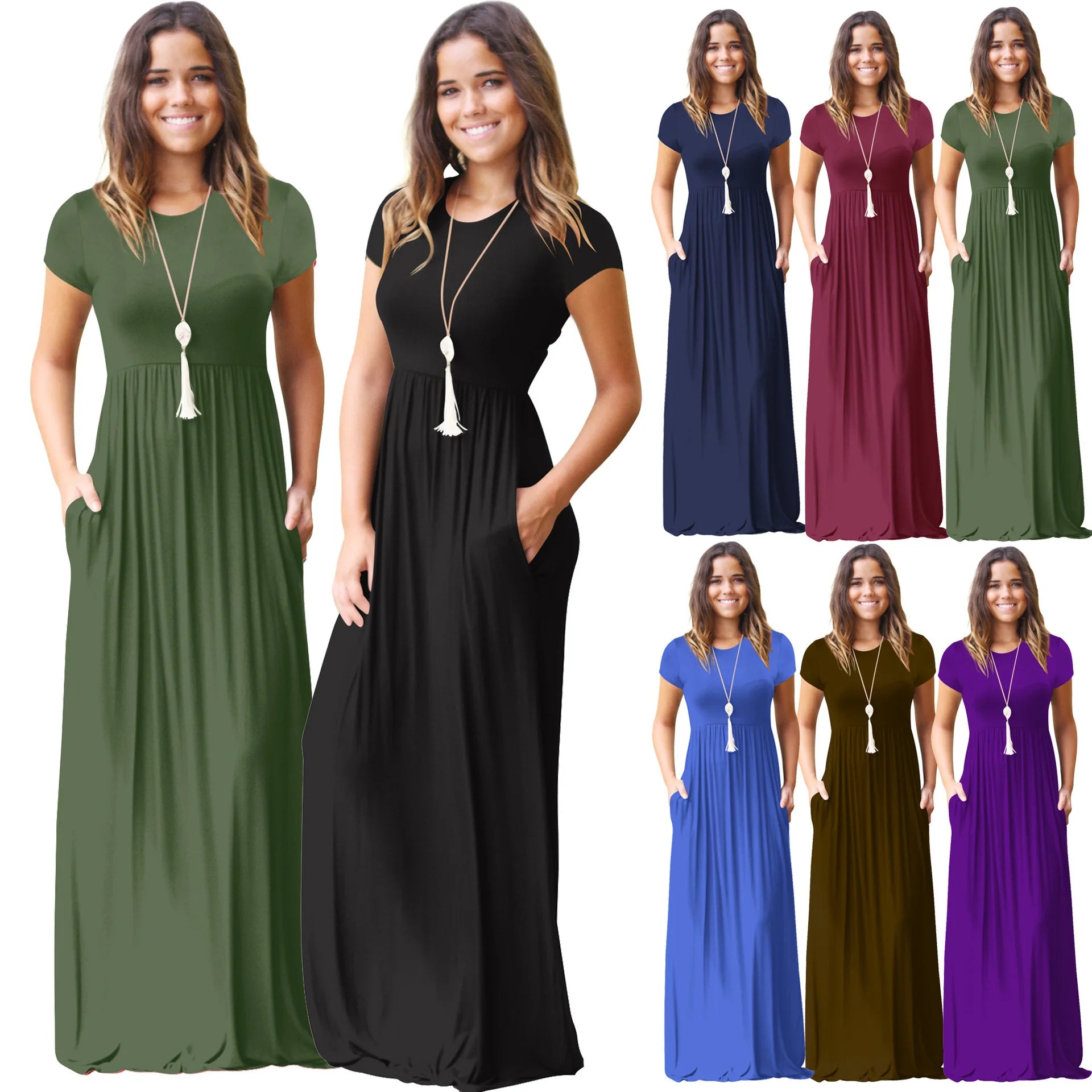 Women Summer Dress Casual Solid Color O Neck Loose Short Sleeve Pocket floor-length Long Woman Maxi Dresses Vestidos SLBZ352