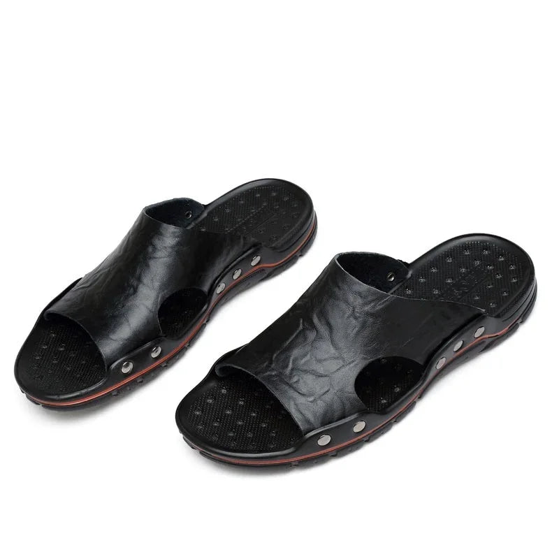 New Summer Slippers Men Sandals Soft Outdoor Slides High Quality Genuine Leather Comfortable Beach Sandals Outdoor Men Shoes