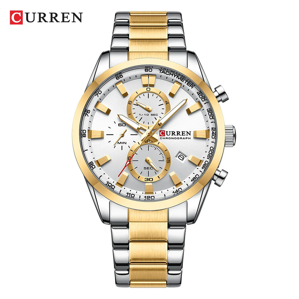 CURREN Casual Sporty Brand Stainless Steel Band Wristwatches for Men  Chronograph Quartz Watches with Date New 8445