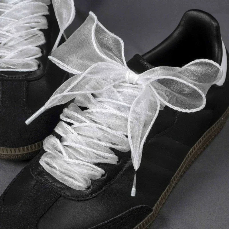 1Pair 80-140cm Fashion Organza Ribbon Sport Shoes Sneakers Bowknot Solid Flat Shoelaces Sport Casual Laces Women
