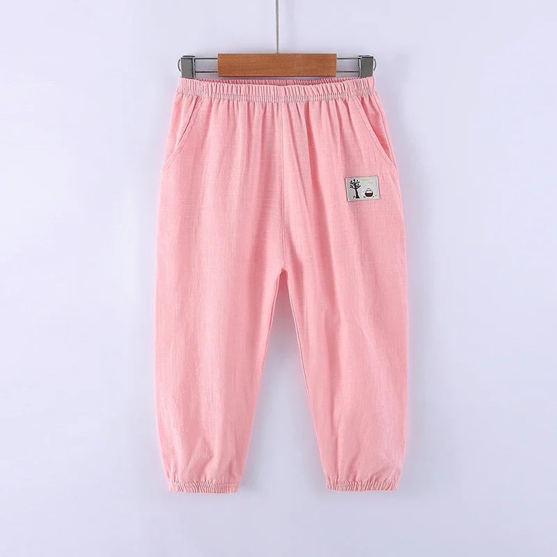 Children Trousers For Boys Girls Cotton Linen Elastic Waist Solid Color Summer Mosquito Pants Kids Clothing Long Pants 100-160cm