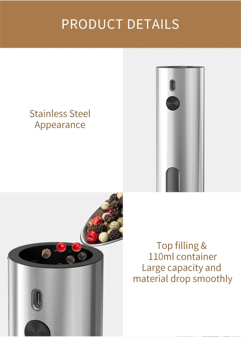 USB Rechargeable Automatic Pepper Grinder Salt And Pepper Mill Adjustable Coarseness Spice Grinder with LED Light for Kitchen