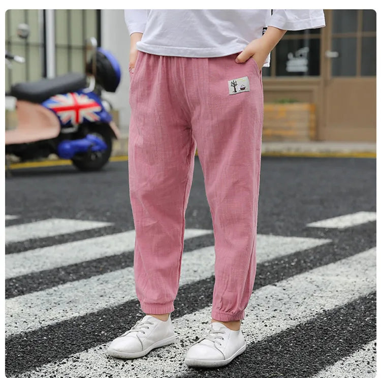 Children Trousers For Boys Girls Cotton Linen Elastic Waist Solid Color Summer Mosquito Pants Kids Clothing Long Pants 100-160cm