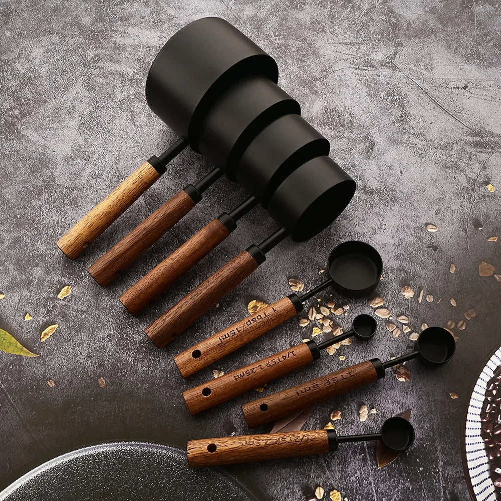 1/4/8pcs Stainless Steel Measuring Spoons With Scale Wooden Handle Household Kitchen Dining Bar Baking Tools Measuring Cups