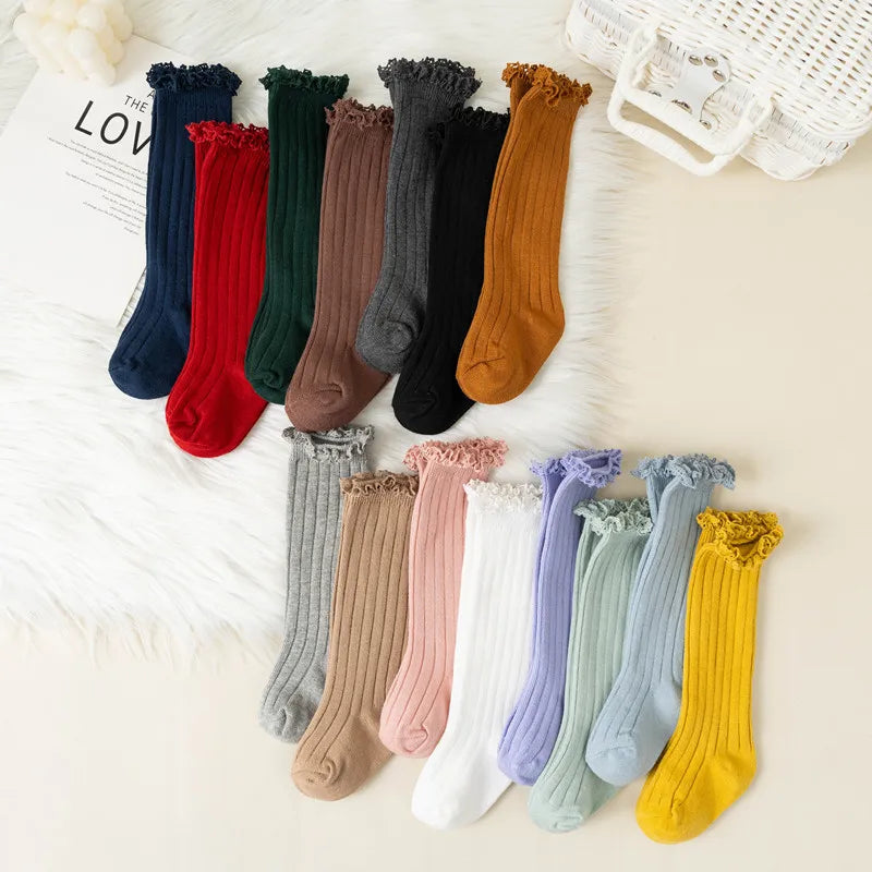 Ruffle Kids Knee High Socks Baby Girls Toddlers Long Soft Cotton Sock Lace Flower Children Princess Uniform Socks For 0-8Years