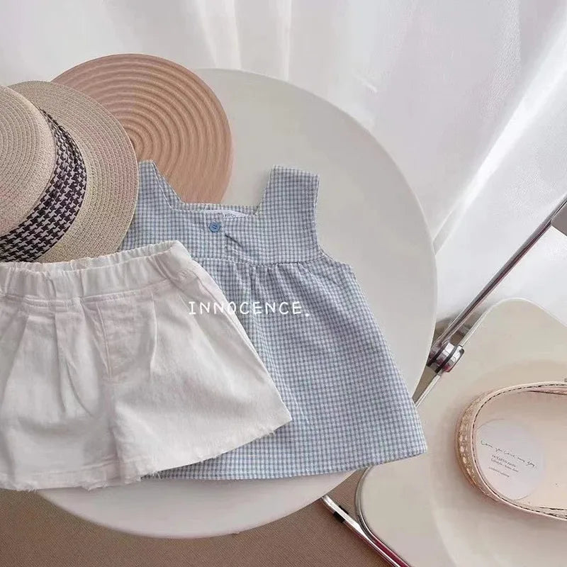 New Summer Kids Girls Clothes Sets Casual Girls Checked Straps+White Shorts 2pcs Suit Children Clothing Set
