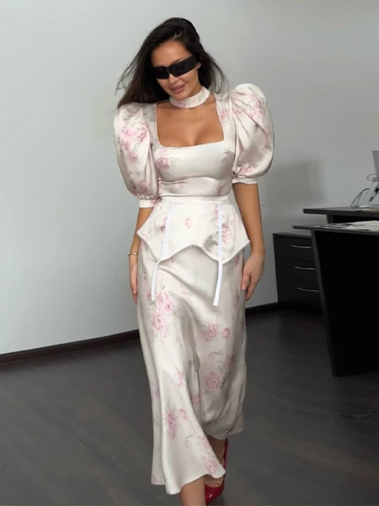 Women Dress Floral Print Satin Choker Neck Puff Sleeve Peplum Waist Maxi Dresses Elegant Vintage Beach Party Bodycon For Ladies