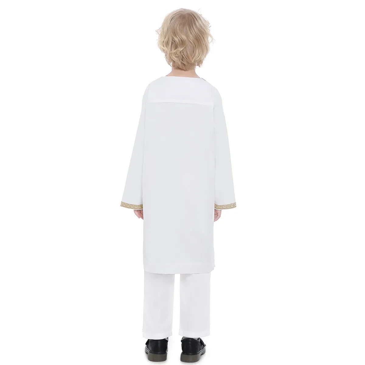 Muslim Children Robe 2 Pieces Set Kids Boy Round Neck Long Sleeve Printed Dress Shirt Abaya Kaftan Jubba Thobe Islamic Clothing