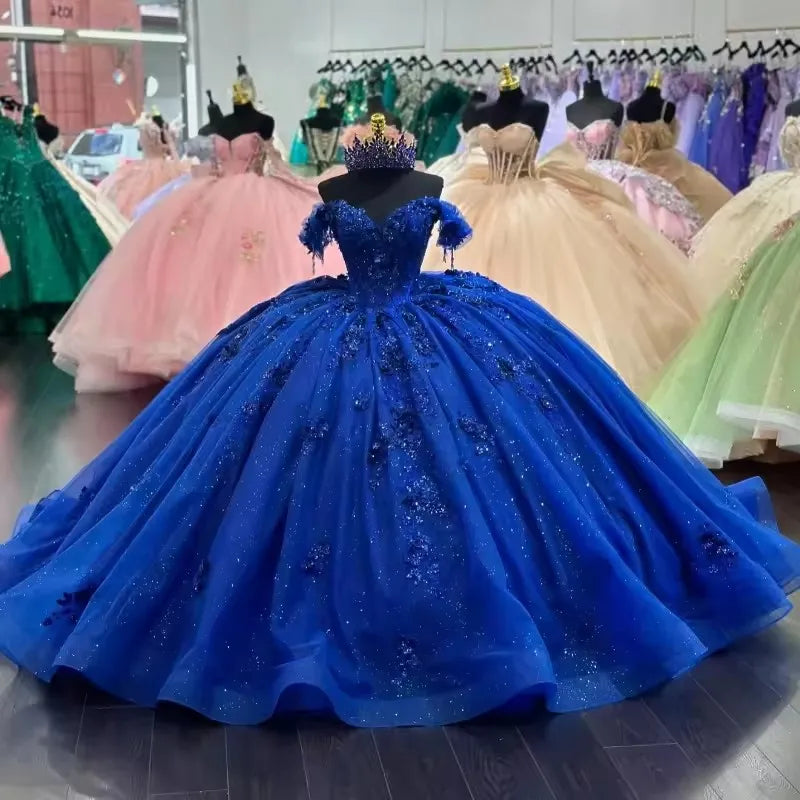 ANGELSBRIDEP Glittering Royal Blue Quinceanera Dresses Luxury Beading Lace Off-Shoulder Birthday Party Vestidos De 15 Anos
