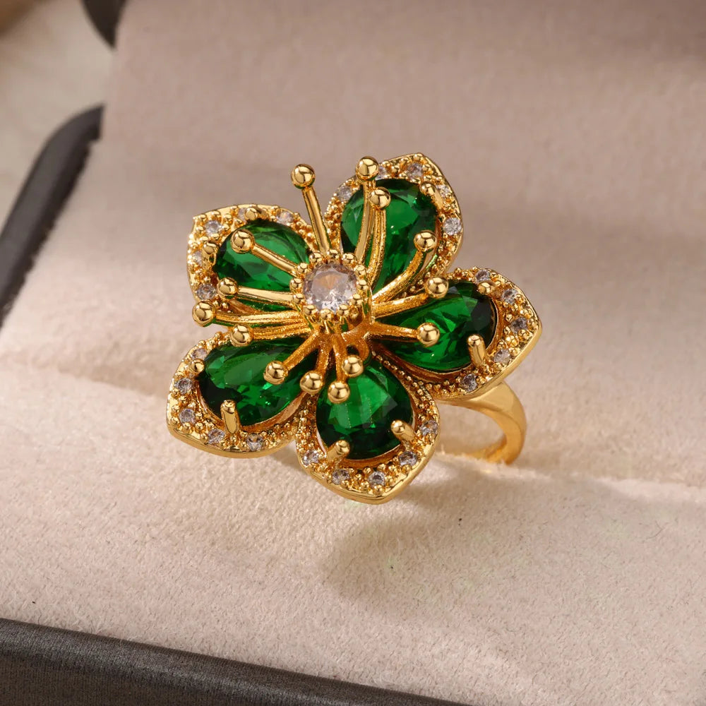 Colorful Zircon Flower Rings For Women Gold Color Stainless Steel Floral Ring Elegant Luxury Wedding Aesthetic Jewelry Gift
