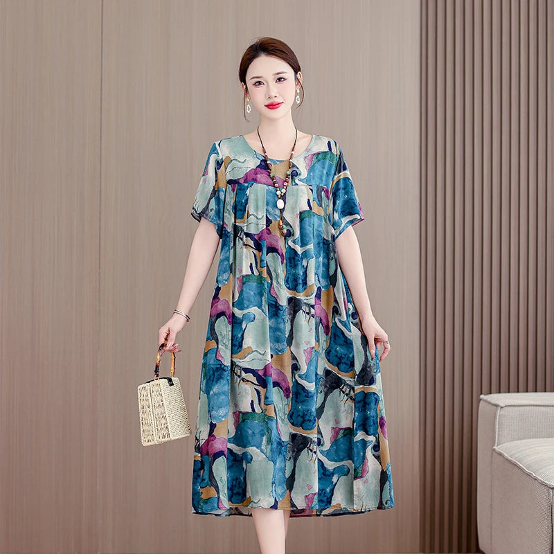 New Casual Fashion 2025 Summer Dress For Women Floral Printing Short Sleeve Elegant Vintage O-Neck Dresses Women Clothing