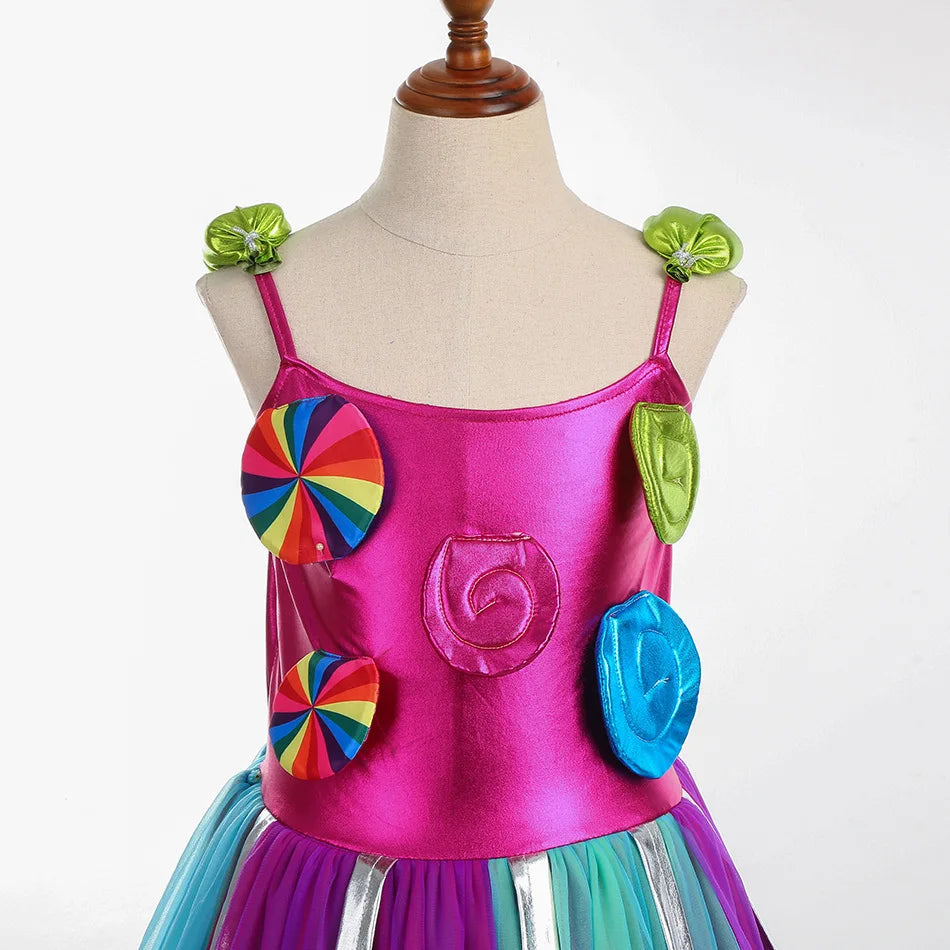 Girls Rainbow Lollipop Costume Princess Dress Purim Festival Candy Vestido Fancy Carnival Birthday Children Fantasy Wings Outfit