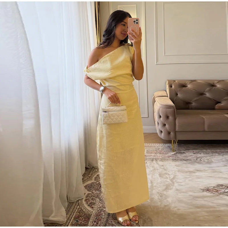 Elegant Off Shoulder Pleated Long Dress Slim Slash Neck Sleeveless Female Party Dresses 2026 Summer Autumn Lady Chic Solid Robes