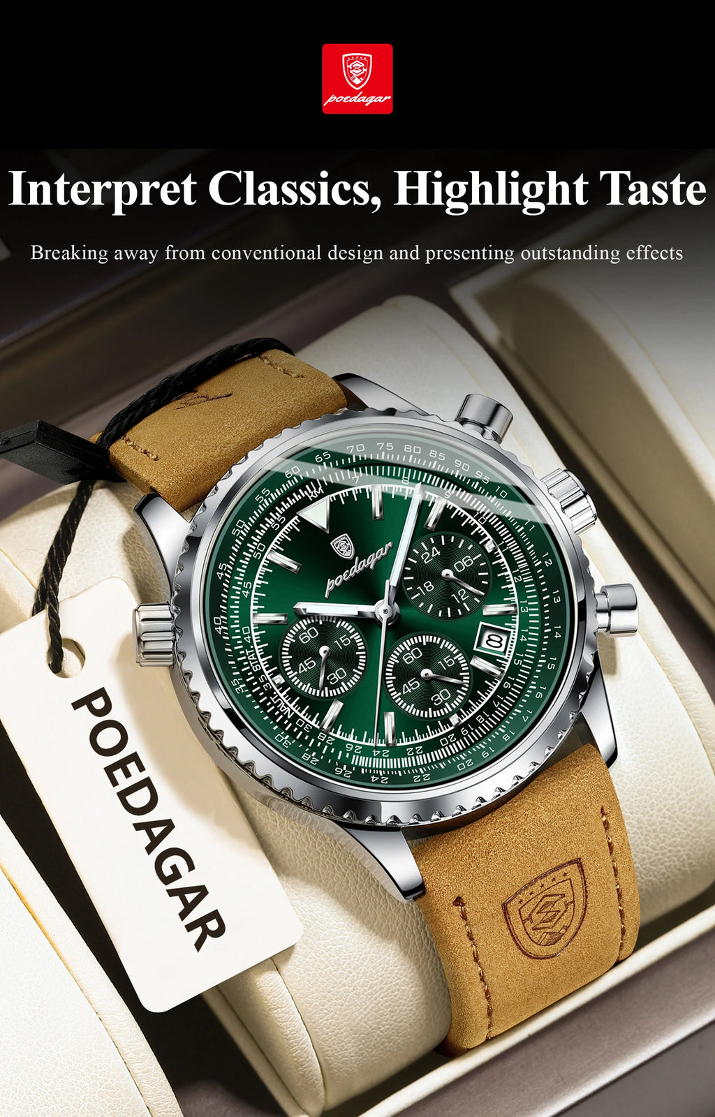POEDAGAR Luxury Business Men's Watch Waterproof Luminous Date Chronograph Leather Man Clock Fashion Quartz Watches For Men Reloj