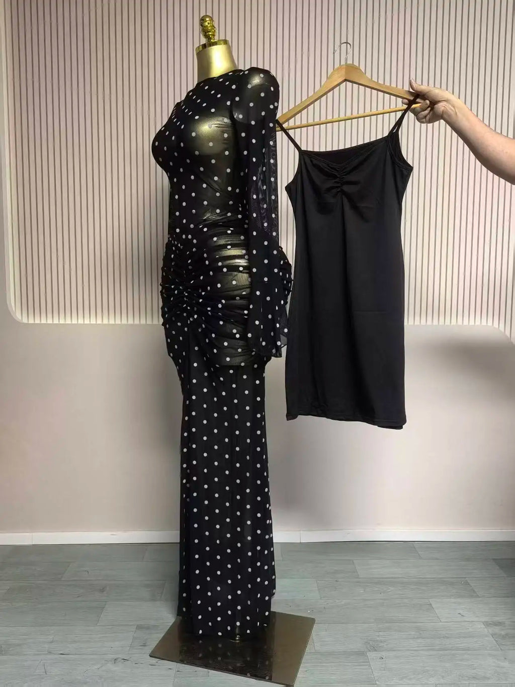 CM.YAYA Women Flare Long Sleeve Stacked Dot Mesh See Though with Lining Maxi Long Dress 2025 Evening Birthday Sexy Party Dresses