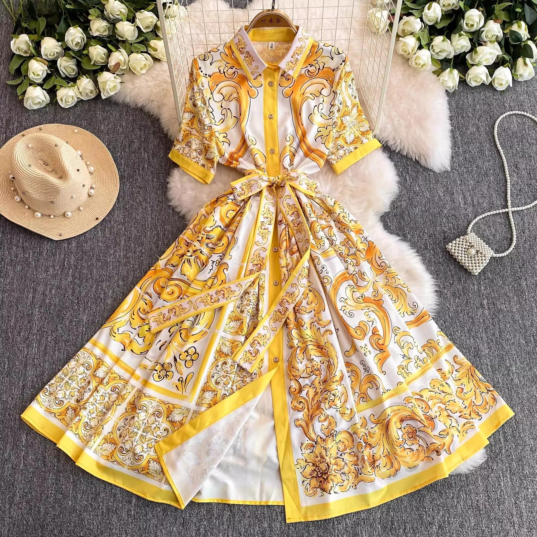 Fashion Summer Floral Long Dress Women Purple Porcelain Print Midi Dresses Shirt Single Breasted Office Lady Work Holiday Runway