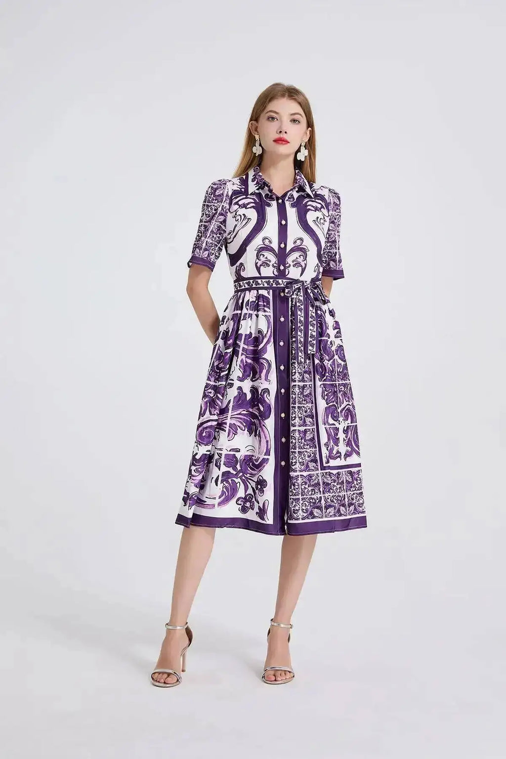Fashion Summer Floral Long Dress Women Purple Porcelain Print Midi Dresses Shirt Single Breasted Office Lady Work Holiday Runway