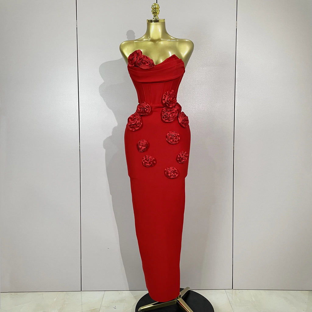Sexy Fashion White Elegant Strapless Flower Bodycon Long Dress Women Casual Streetwear Club Birthday Party Slim Elegangt Dresses
