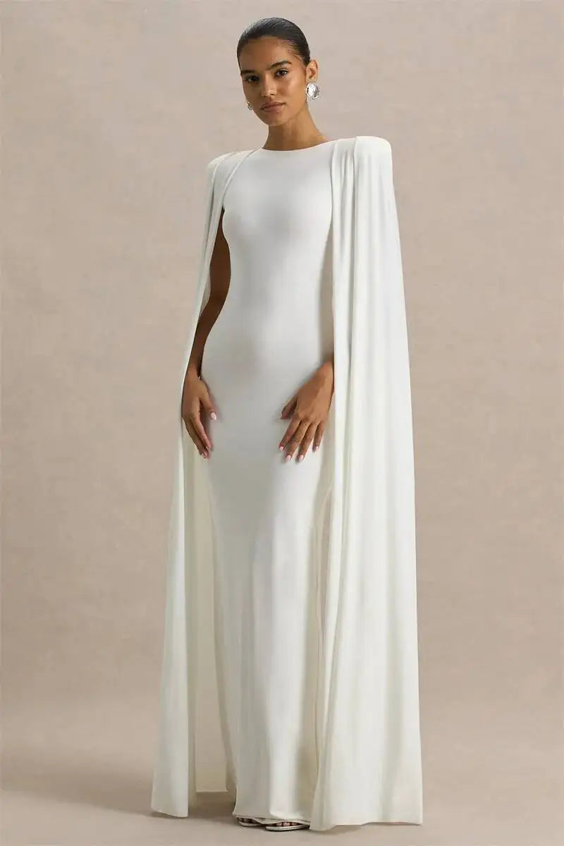 Blifanbo Sexy Cape Sleeve Maxi Dress Women Gown Fashion O Neck High Waist Split Zipper Club Party Long Dresses Female Elegant