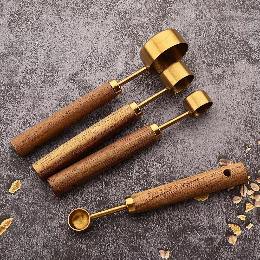 1/4/8pcs Stainless Steel Measuring Spoons With Scale Wooden Handle Household Kitchen Dining Bar Baking Tools Measuring Cups