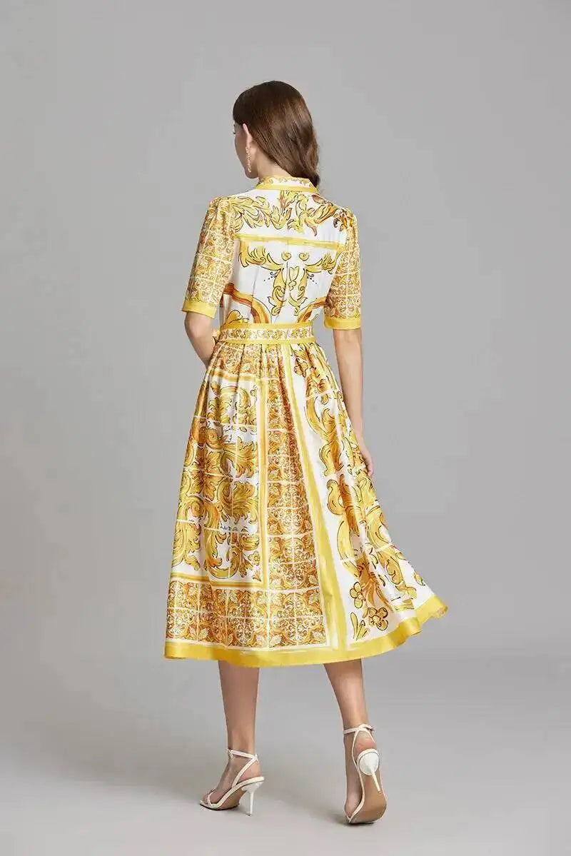Fashion Summer Floral Long Dress Women Purple Porcelain Print Midi Dresses Shirt Single Breasted Office Lady Work Holiday Runway