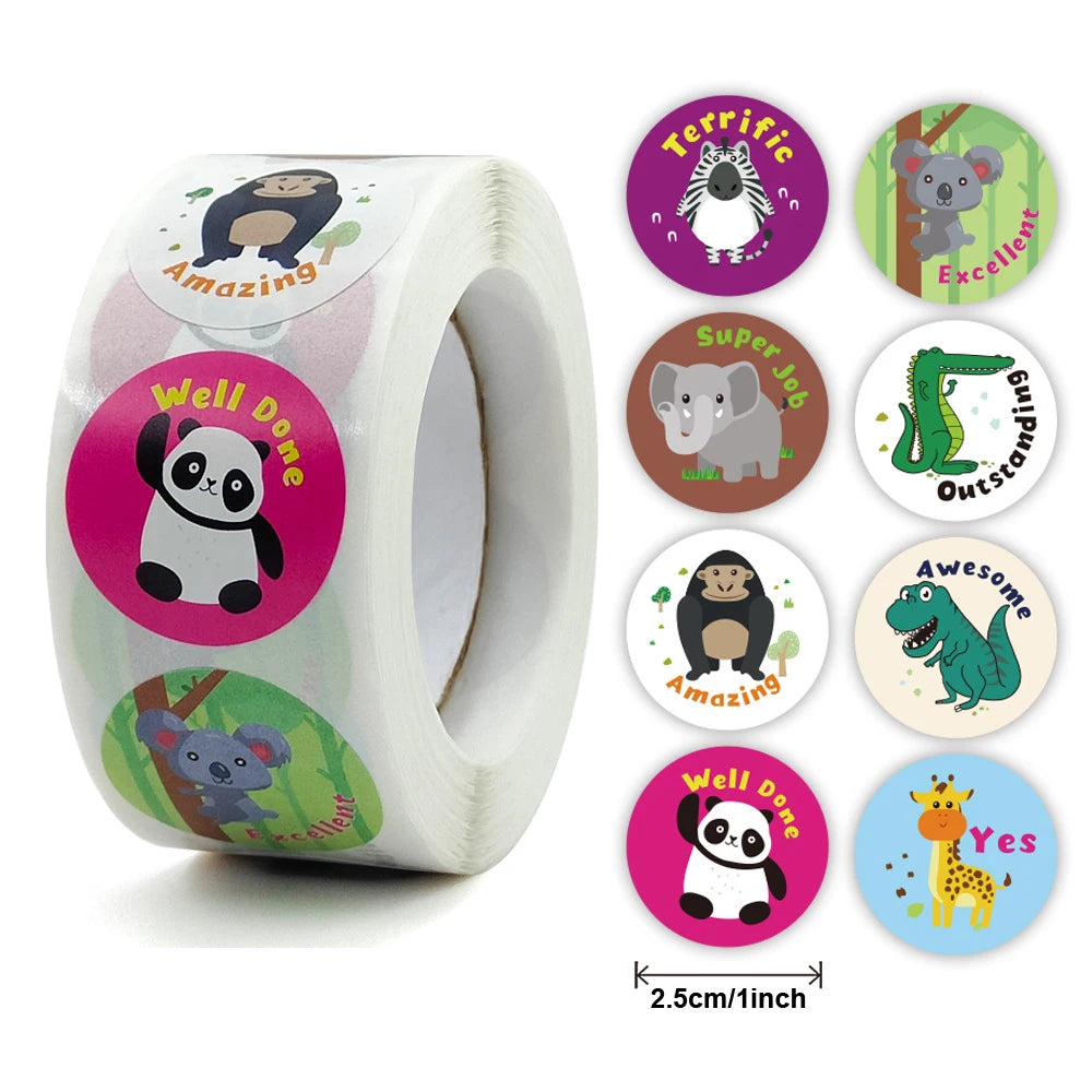 500Pcs Reward Stickers Motivational Stickers Roll for School Reward Students Teachers Cute Animals Stickers Labels