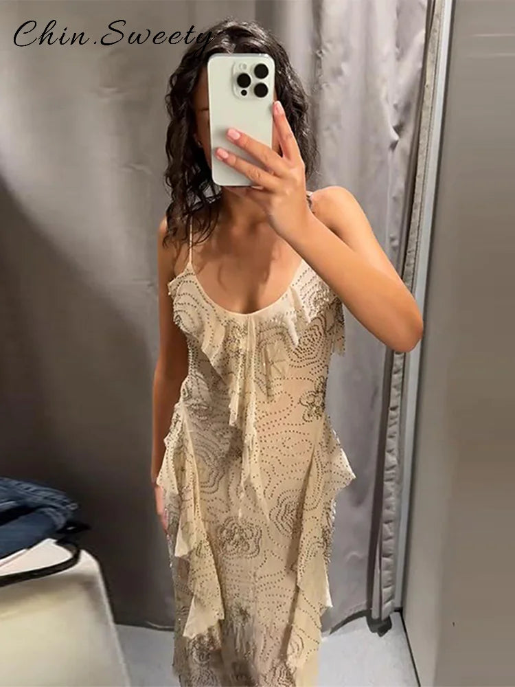 Sexy Beading Sequined Sling Long Dress Women Loose Solid V-neck Sleeveless Ruffled Shiny Dresses 2025 Summer Lady Evening Robes
