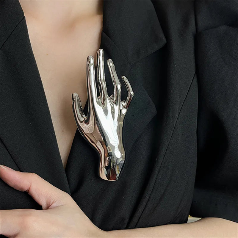 XIALUOKE Vintage Hyperbole Metal Smooth Palm Hand Shape Large Broochs For Women Men Punk Unique Creative Suit Pin Party Jewelry