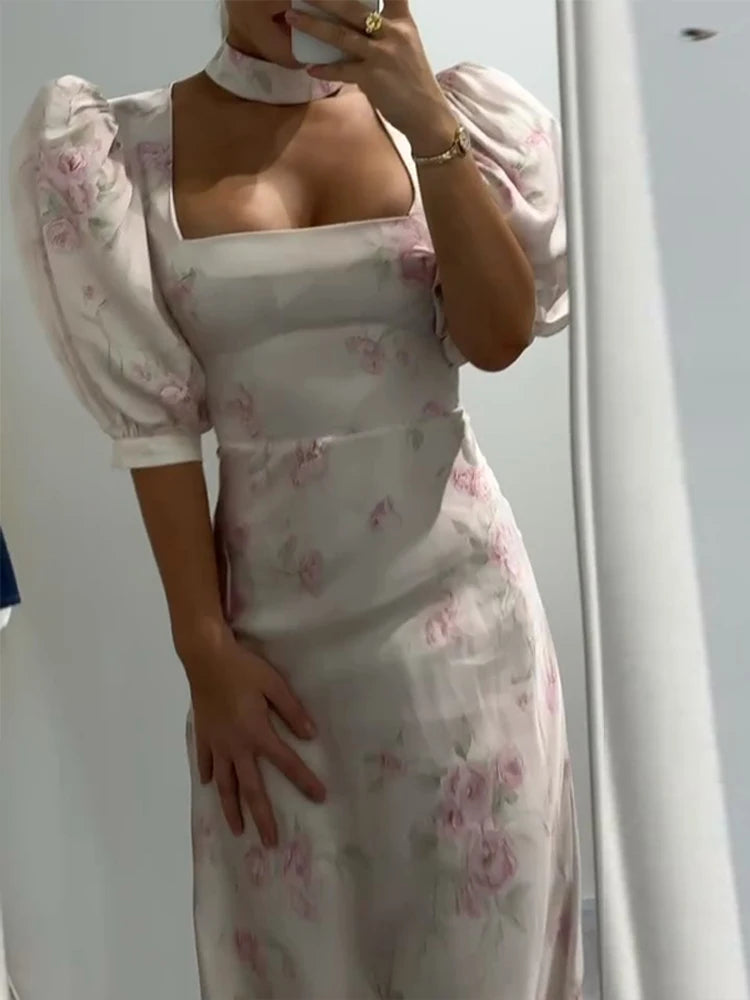 Women Dress Floral Print Satin Choker Neck Puff Sleeve Peplum Waist Maxi Dresses Elegant Vintage Beach Party Bodycon For Ladies