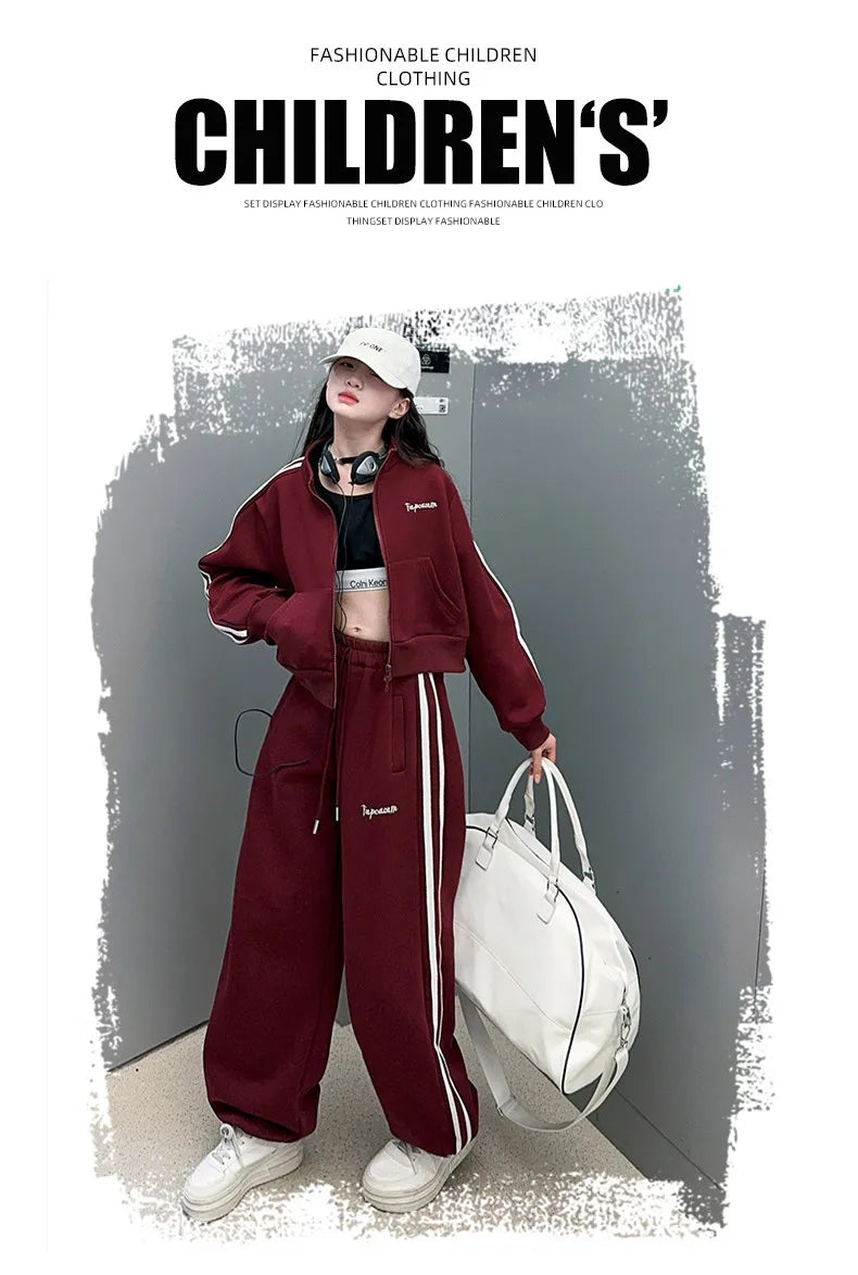 2026 autumn girls Clothes Children Suit Teenager zipped jacket Narrow crop top + wide leg high waist pants 4 5 8 10 11 12 year