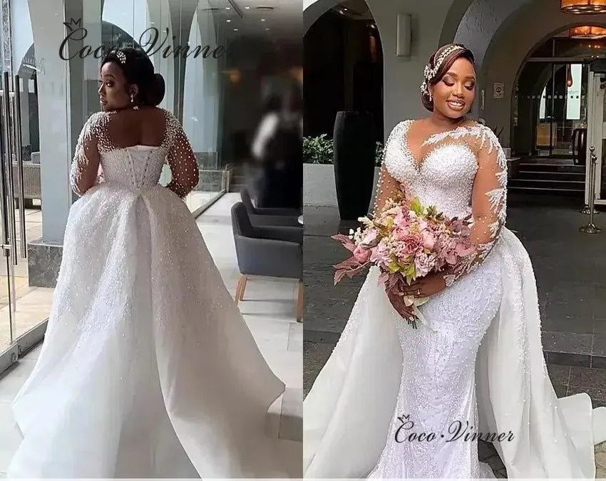 Customized Pearls Beading 2 IN 1 Wedding Dress Detachable Train Lace Up Plus Size Luxury Mermaid Wedding Dresses W1040